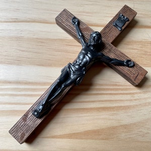 8&quot; Wall Crucifix Wood Brown Gunmetal Decor Christ Cross Crucifijo Catholic Mercy Cruz Made in USA