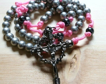 Rosary Silver Pink Paracord Steel Beads Wearable Cross Crucifix Pray Catholic Mercy Necklace Rosario