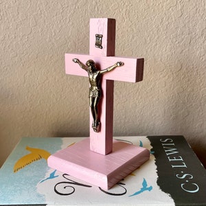 5.5&quot; Standing Crucifix Wood Pink Bronze Decor Christ Cross Crucifijo Catholic Mercy Cruz Made in USA Home Altar