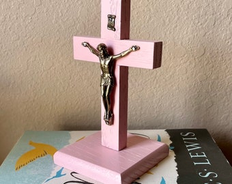 5.5" Standing Crucifix Wood Pink Bronze Decor Christ Cross Crucifijo Catholic Mercy Cruz Made in USA Home Altar