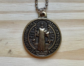 1.25" Bronze St Benedict Medal Round Men 20" Stainless Steel Chain Mary Necklace Catholic Pendant
