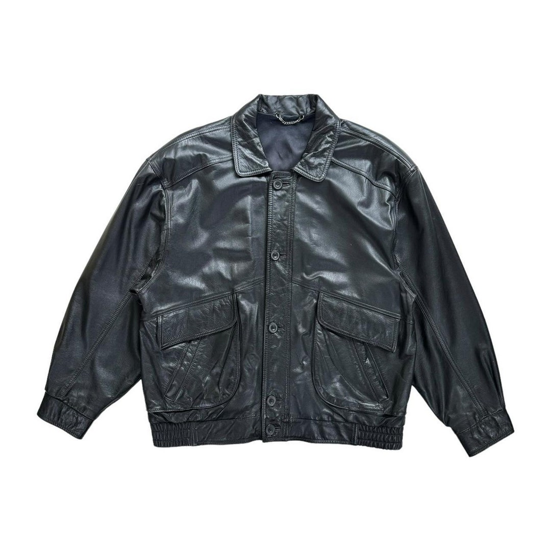 St Michael 90s Vintage Black Biker Leather Jacket Coat Size
