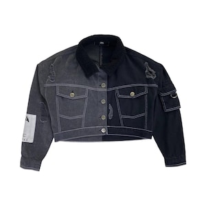 JK Attire Oversized Distressed Spliced Cropped Denim Jacket Size XS (UK 8-12)