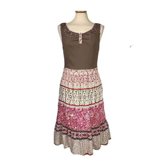 Pepperberry Y2K Vintage Pink Brown Floral Print Boho Sleeveless Summer Midi Dress UK Size 10 Etsy Denmark