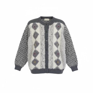 Daisy Knits 80s Vintage Fluffy Argyle Floral Cardigan Coat Size Large (UK 14/16)