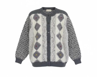 Daisy Knits 80s Vintage Fluffy Argyle Floral Cardigan Coat Size Large (UK 14/16)