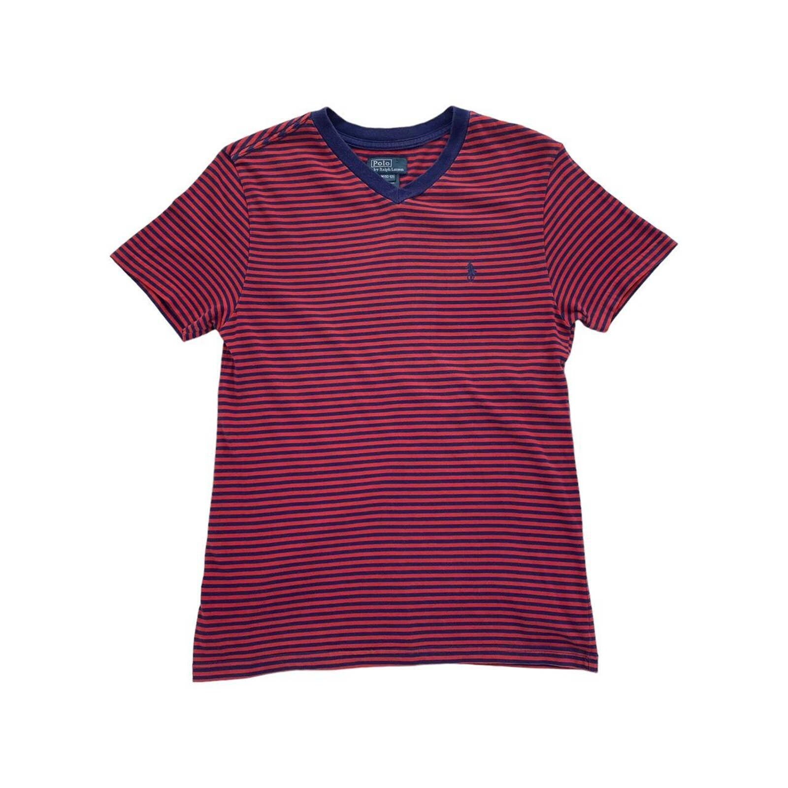 Polo Ralph Lauren Red Navy Cotton Horizontal Striped & Logo V Neck 