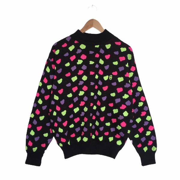 Conte Of Florence, 80s vintage jumper, black pink purple, pullover sweater,vintage sweater,knitwear,sweater, jumper,ladies size medium 12/14