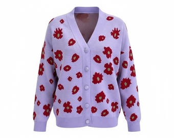 Y2K Vintage V Neck Cute Floral Print Cardigan Sweater Size Large (UK 14/16)