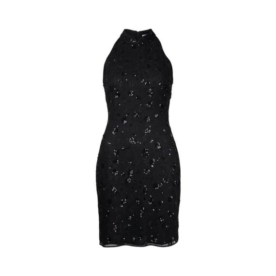 sachin and babi light blue dress Black Floral Embroidered and Beaded Halter Mini Silk Dress UK Size 12