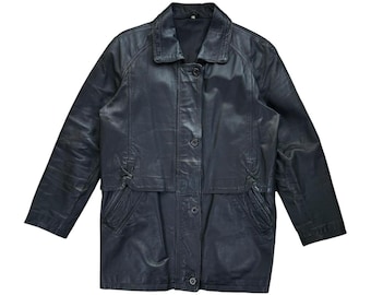 Chaqueta larga de cuero minimalista grunge negra vintage de los años 90