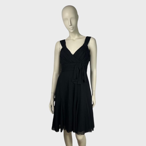 Karen Millen Black Fit & Flare Formal Silk Mesh Midi Dress With Plunging V Neck UK Size 8