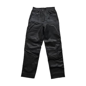 Classiques modernes des années 90 vintage noir jambe droite motard taille haute en cuir pantalon pantalon Royaume-Uni taille 8 (27 po.)