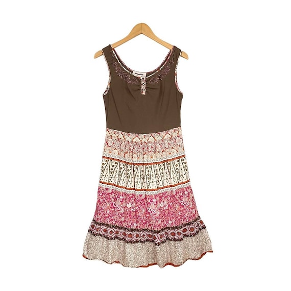 Pepperberry Y2K Vintage Pink Brown Floral Print Boho Sleeveless Summer Midi Dress UK Size 10 Etsy