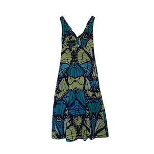 Adini Y2K Vintage Verde Azul Borboleta Asa Estampa Boho Verão Sem Mangas Maxi Vestido Reino Unido Tamanho 8