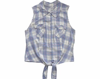 Y2K vintage Girl Xpress blouse, vest crop top, sleeveless blouse, cropped shirt, pastel plaid pattern, cute summer top, ladies size 10