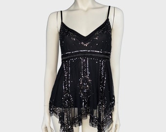 Monsoon Y2K Vintage Black Silver Sequin Embellished & Beaded Figure Hugging Asymmetrical Mesh Cami Camisole Top UK Size 12