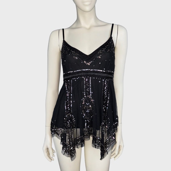 Monsoon Y2K Vintage Black Silver Sequin Embellished & Beaded Figure Hugging Asymmetrical Mesh Cami Camisole Top UK Size 12