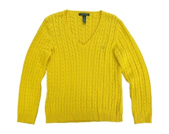 Lauren (Ralph Lauren) Y2K Vintage Yellow Cable Knit Pullover Jumper Sweater Size Large (UK 12/14)