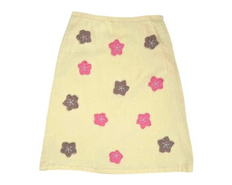 Boden Y2K vintage gele linnen bloemenrok. Midi . met hoge taille