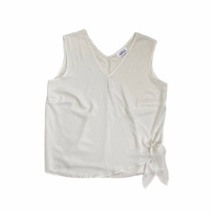 Y2K vintage retro Afibel sleeveless vest blouse ivory white textured fashion top with V neck & tie up hem womens size UK 16