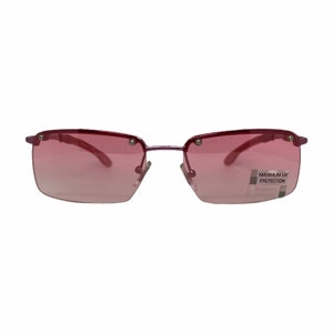 May include: A pair of pink sunglasses with a silver frame and a label that reads "MAXIMUM UV PROTECTION".