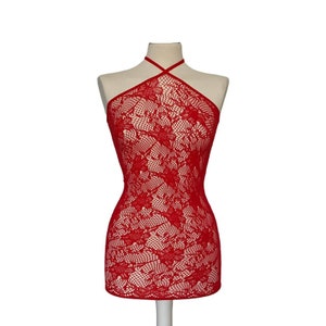 Gloednieuwe rode bloemen kanten visnet lingerie halterneck micro mini-jurk one size (UK 6-14)
