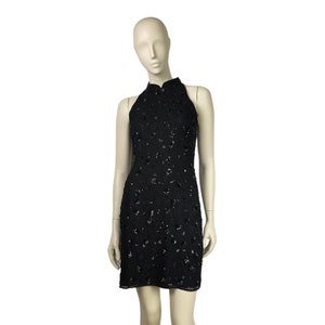 Black Floral Embroidered And Beaded Halter Mini Silk Dress UK Size 12