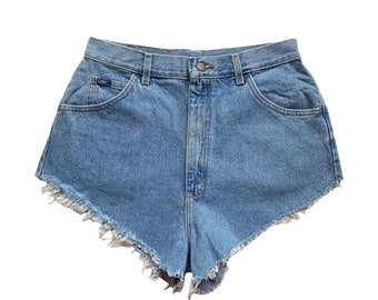 short en denim Lee vintage, short taille haute, short en jean, short en denim bleu, short en détresse, short en coton, taille 12 (taille 31 »)