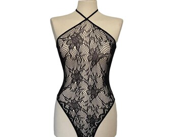 Brand New Black Floral Lace Fishnet Lingerie Halterneck Bodysuit One Size (UK 6-14)