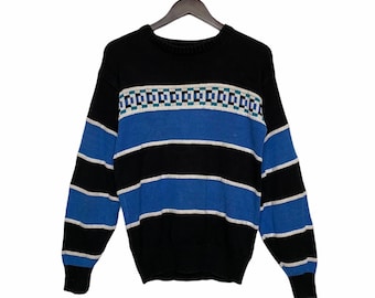 Bugle Boy, 90s vintage sweater, knit jumper, black blue white, striped, pullover, knitwear, sweater, skater, mens XS, extra small