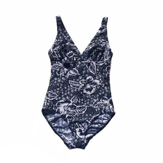 90s vintage retro swimwear bodysuit navy blue whi… - image 1