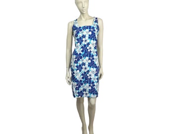 Robe Vintage Femme Taille 40 En Coton - Imprimé Fleurs Bleu, Jaune, Vert, Sans Manches, Très Bon état