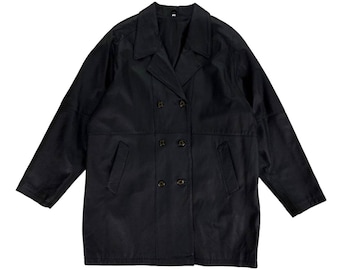Y2K Vintage Black Double Breasted Leather Jacket Blazer Style Overcoat UK Size 16