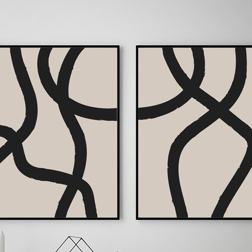 SET OF 2 Mid Century Modern Black and White Wall Art Black Etsy