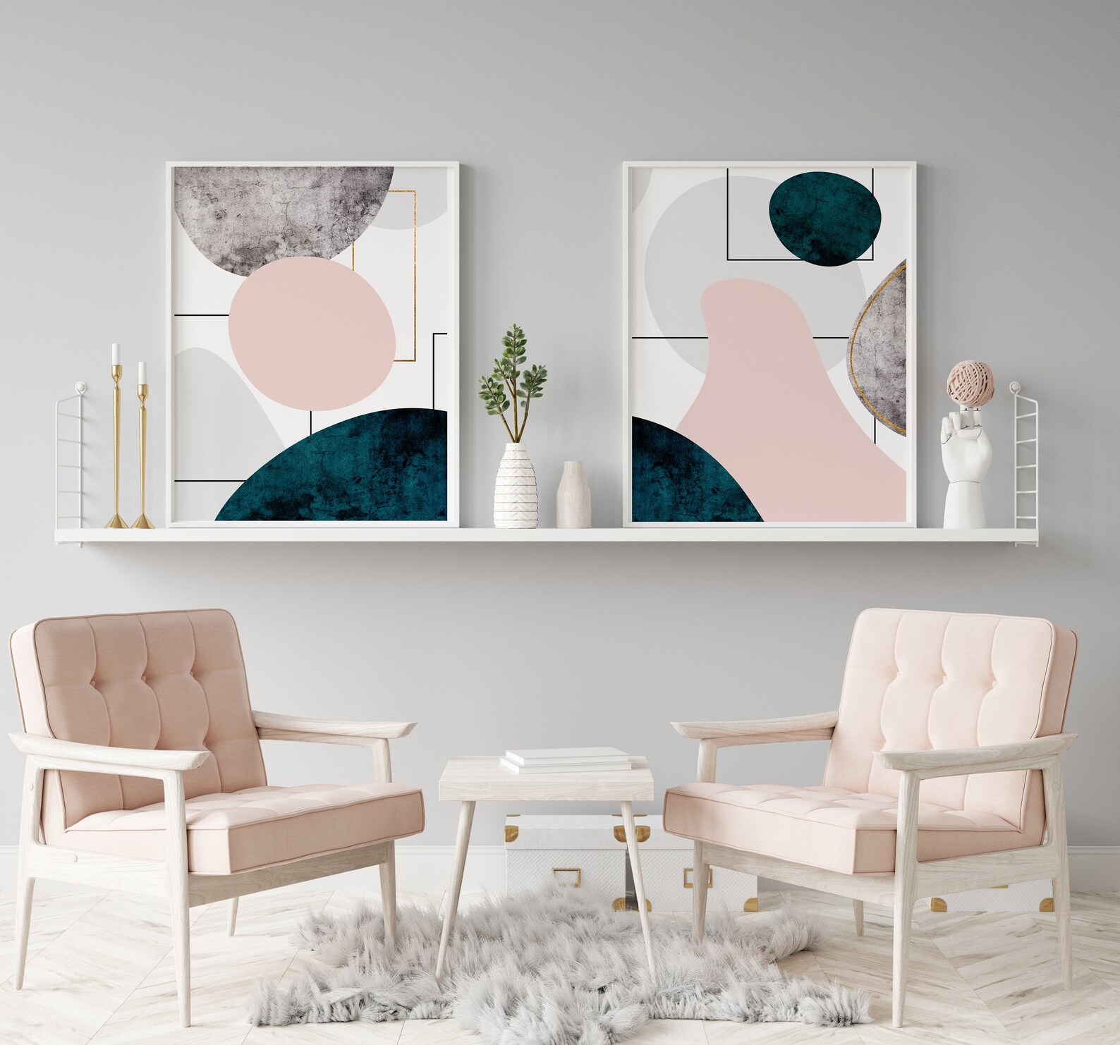 Set of 2 Abstract Art Prints in Teal Green Blush Pink Grey Etsy