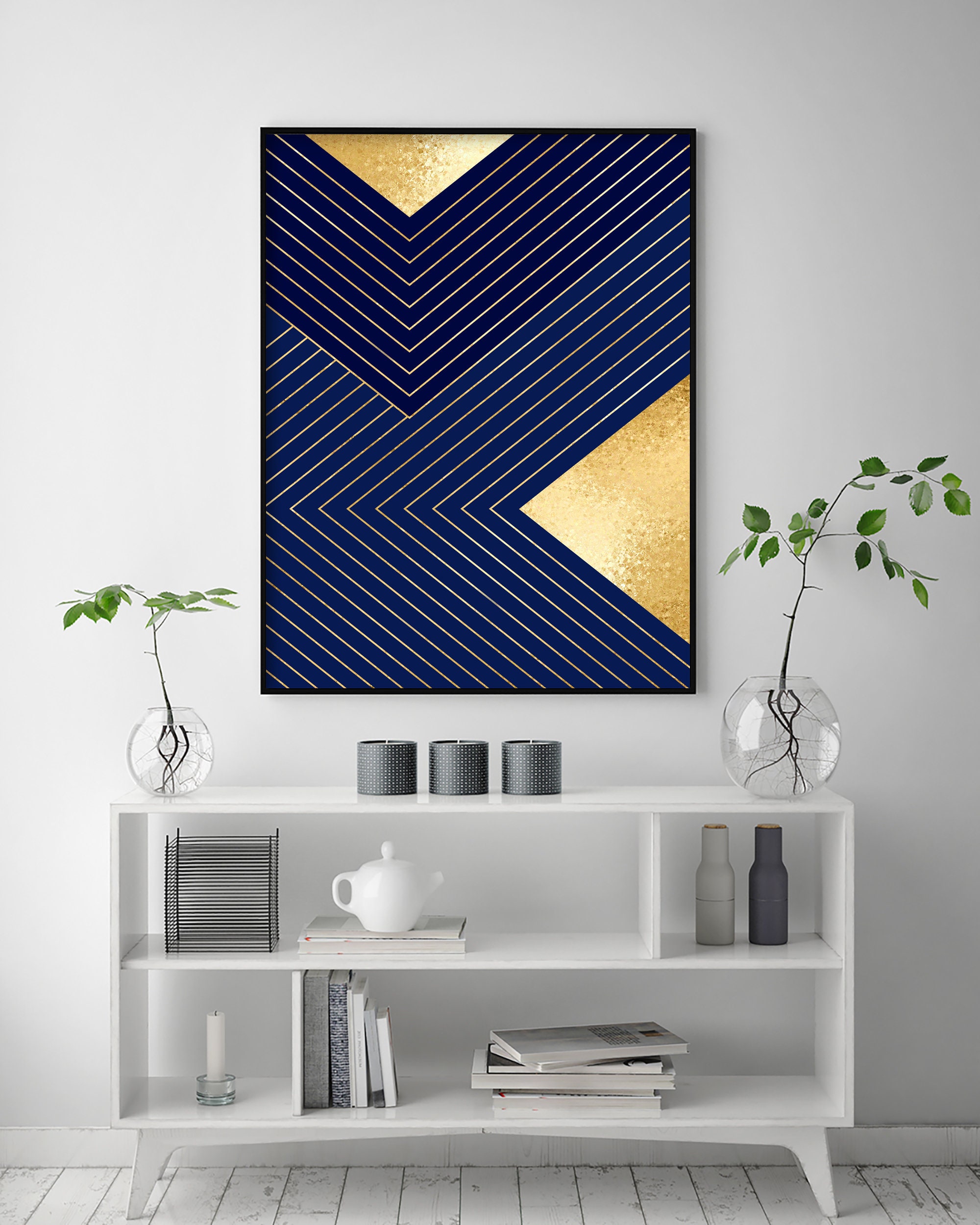 Navy & Gold Geometric Wall Art Print Navy Blue Artwork Etsy