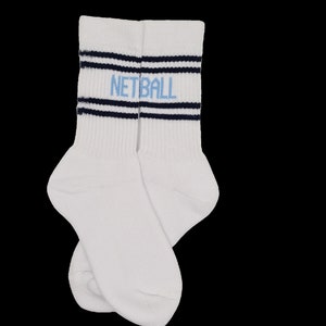 Netball socks ,Sports socks, Sports socks with wording Netball, Luxury sports socks, made in the UK , Netball socks