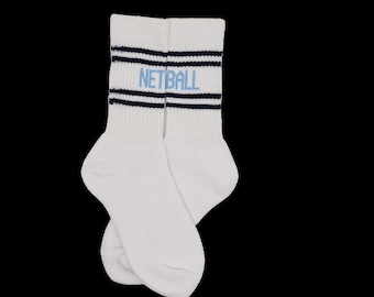 Netball socks ,Sports socks, Sports socks with wording Netball, Luxury sports socks, made in the UK , Netball socks