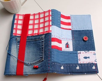 Textile Book Cover, Patchwork, Handmade, Pure Cotton, Linen, Summer Gift, Sea Motifs, Book Protection, Textile Book Sleeve, Beach Accessory