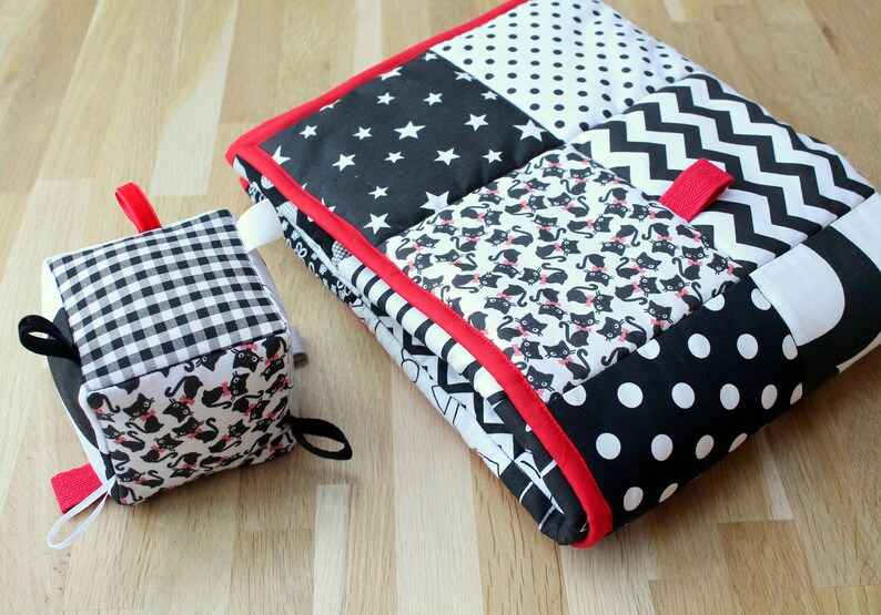 Baby Crawling Mat, Black & White, Red, Pure Cotton, Handcrafted Newborn Development Tool, Play Mat, Handmade Floor Mat,Kids Children Gift image 1