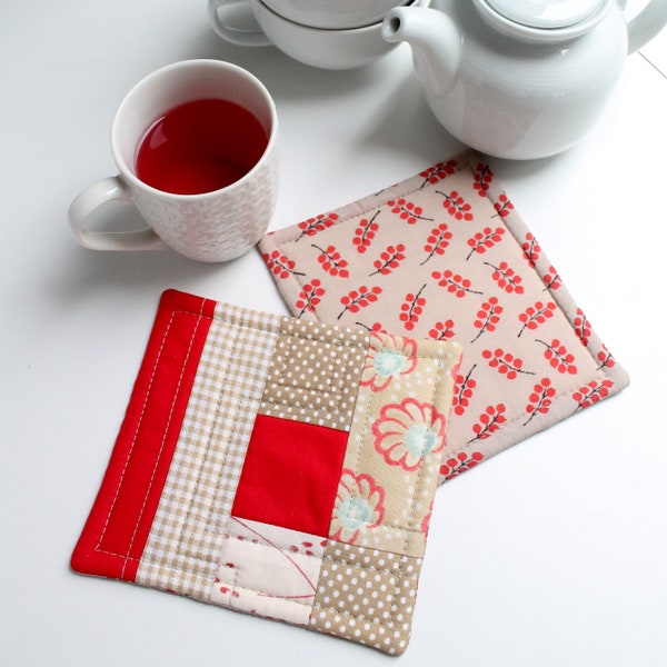 Two Textile Coasters, Patchwork,Handcrafted Kitchen Livingroom Decoration,Pure Cotton Fabrics,Handmade Present for Her,Unique Gift for Women