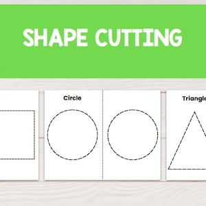 May include: Educational shape cutting activity. The image features a green background with the words "SHAPE CUTTING" in white. Below are three cards with a square, circle, and triangle, each with a dotted line for cutting. A pair of purple scissors is in the upper left.