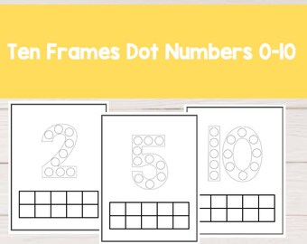 Puede incluir: Tres páginas blancas con contornos negros de los números 2, 5 y 10, cada uno hecho de puntos. Debajo de cada número hay una cuadrícula de diez marcos. El texto "Ten Frames Dot Numbers 0-10" está en la parte superior.