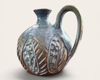 Jane Brown Allen Hamm Blue and Brown Weed Pot Pottery Vase with leaf Design