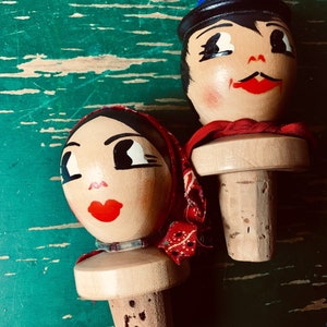 Vintage Hand Painted Wooden Couple Cork Bottle  Stoppers