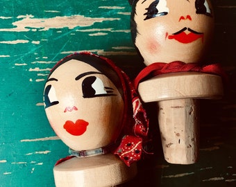 Vintage Hand Painted Wooden Couple Cork Bottle  Stoppers