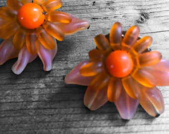 Vintage West Germany Beaded Floral Lucite Clip On Earrings