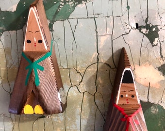 Vintage Artistic Handmade Japanese Kokeshi Wooden Triangular Miniature Dolls