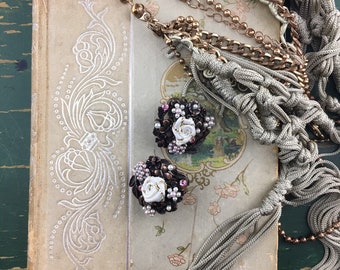 Vintage  broze toned earrings with rose and flower bouqet cluster.